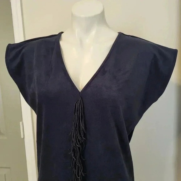 Marie Oliver Andi Navy Faux Suede Fringed Minimalist Boxy Shift Mini Dress(XS) - Picture 6 of 9